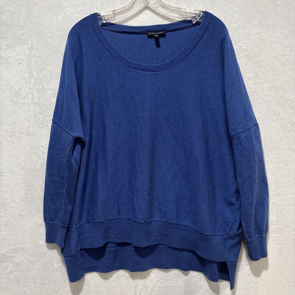 Eileen Fisher Sweater Women's Medium Oversized Blue Merino Wool Crewneck Hi Low